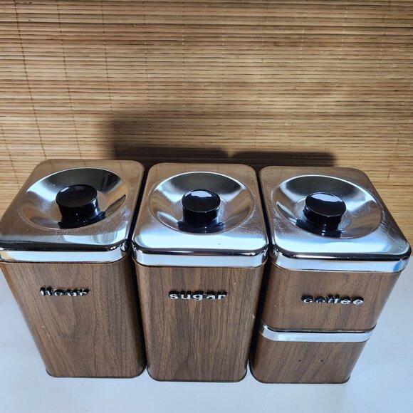 The Queen Line Tin Canister Set of 4 Brown Containers by A.R. Lite Mid Century - Picture 2 of 11